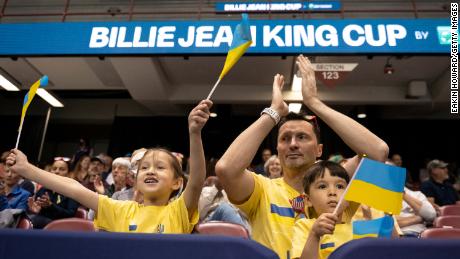 Ukraine fans cheer during the match between Dayana Yastremska and Alison Riske in the first round of the 2022 Billie Jean King Cup qualifier on April 15, 2022 in Asheville, North Carolina. 