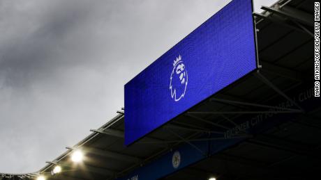 The Premier League logo is displayed on an LED screen prior to the Premier League match between Leicester City and Sheffield United at The King Power Stadium on March 14, 2021 in Leicester.