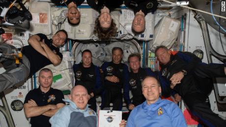 The 11-person crew aboard the International Space Station on April 9, 2022. Clockwise from bottom right: Expedition 67 Commander Tom Marshburn with Flight Engineers Oleg Artemyev, Denis Matveev, Sergey Korsakov, Raja Chari, Kayla Barron, and Matthias Maurer; and Axiom Mission 1 astronauts (center row from left) Mark Pathy, Eytan Stibbe, Larry Conner, and Michael Lopez-Alegria.