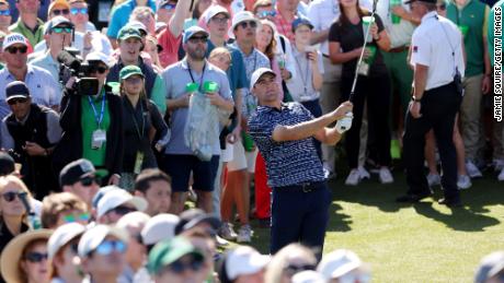 Scheffler plays his shot on the ninth hole during the final round of the Masters.