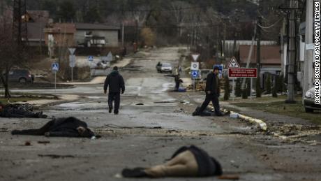 Bodies on a street in Bucha, outside of Kyiv, after Russian forces retreated from northern areas around the capital, April 2.