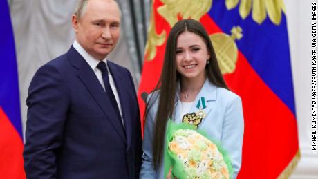 Putin poses with Valieva during an awards ceremony for the Beijing 2022 Winter Olympic Games medal winners at the Kremlin in Moscow.