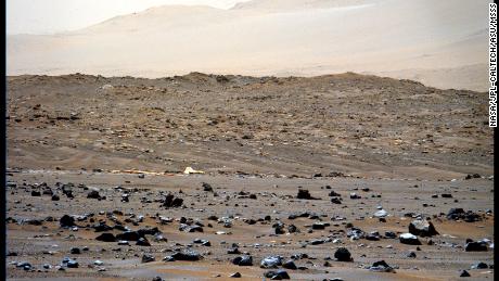 Perseverance captured this photo of the rover&#39;s parachute in the distance on April 6. 