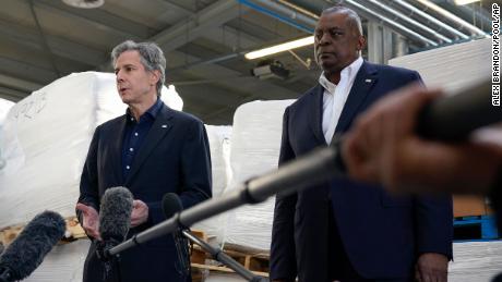 Secretary of State Antony Blinken and Secretary of Defense Lloyd Austin speak with reporters on April 25, 2022, in Poland.