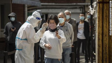 Residents line up for Covid-19 testing during a lockdown in Shanghai on April 27.