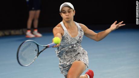 Barty plays a forehand return to Danielle Collins of the U.S during the women&#39;s singles final at the Australian Open tennis championships in Saturday, Jan. 29, 2022.