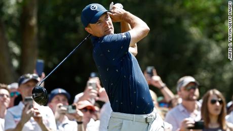 Spieth plays his shot from the ninth tee during the final round of the RBC Heritage.