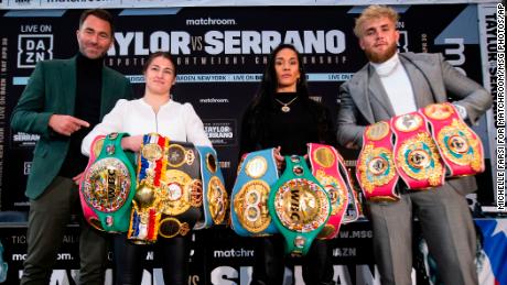 Boxing promoter Eddie Hearn of Matchroom, undisputed world lightweight champion Katie Taylor, challenger Amanda Serrano and Jake Paul of MVP pose at the press conference announcing their fight at Madison Square Garden.