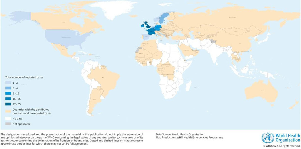 Geographical distribution of reported Salmonella Typhimurium outbreak cases (n=151) and countries where implicated products have been distributed (n=113), as of 25 April 2022.