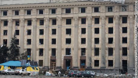 The Kharkiv Regional State Administration building&#39;s windows were all shattered after a missile hit nearby Freedom Square on March 1.  