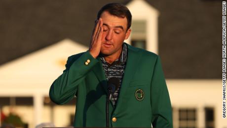 Scheffler speaks during the green jacket ceremony after winning the Masters.