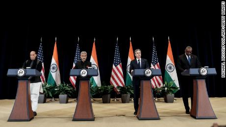 Indian Defense Minister Rajnath Singh, Indian External Affairs Minister Subrahmanyam Jaishankar, US Secretary of State Antony Blinken and US Defense Secretary Lloyd Austin at a news conference in Washington on April 11.