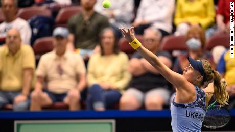 Dayana Yastremska serving against Alison Riske during the first round of the 2022 Billie Jean King Cup Qualifier on April 15, 2022. 