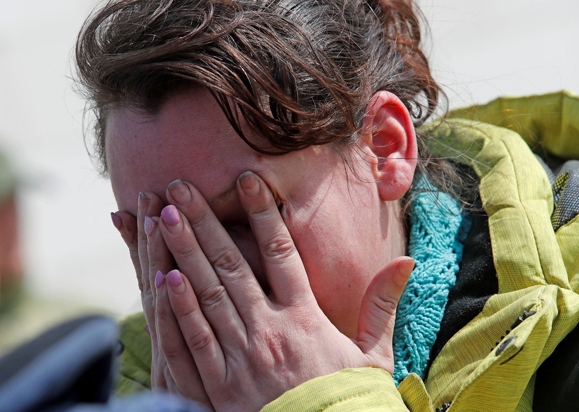 An Azovstal steel plant employee who was evacuated from Mariupol arrives in the Russian-held village of Bezimenne on May 1.