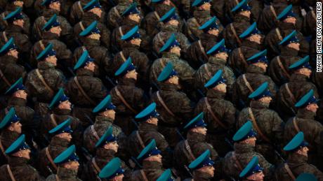 Russian servicemen at a parade rehearsal on April 28. 