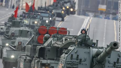 Russian military vehicles at a parade rehearsal on April 28.