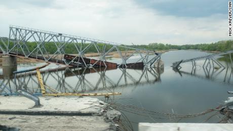 A destroyed railway bridge between Sloviansk and Lyman, where Russian forces are advancing.