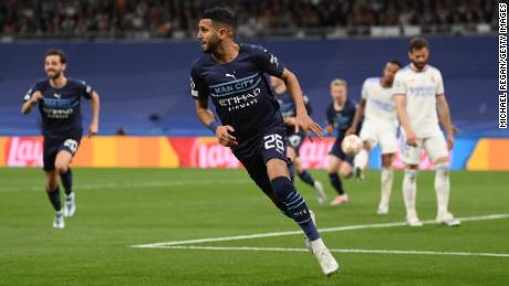 Riyad Mahrez celebrates after opening the scoring on the night.