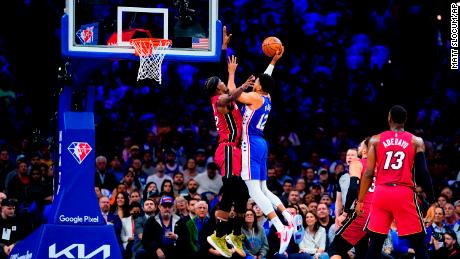 76ers&#39; Tobias Harris goes up for a shot against Jimmy Butler.