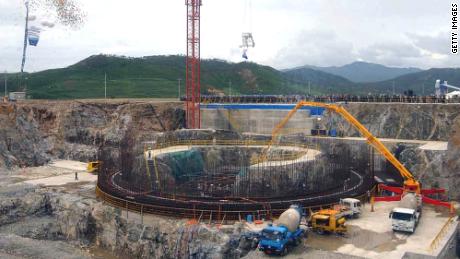 Workers pour concrete at a construction site for nuclear reactors in Kumho, North Korea, back in 2002. 