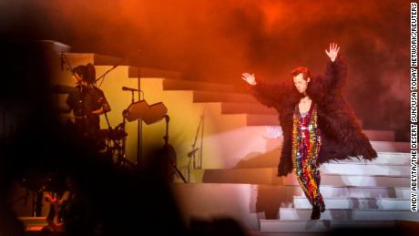 Headliner Harry Styles makes his onstage entrance during Coachella Valley Music and Arts Festival in Indio, California, on April 15.