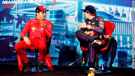 Verstappen, right, and Leclerc address the media before the Miami Grand Prix. 