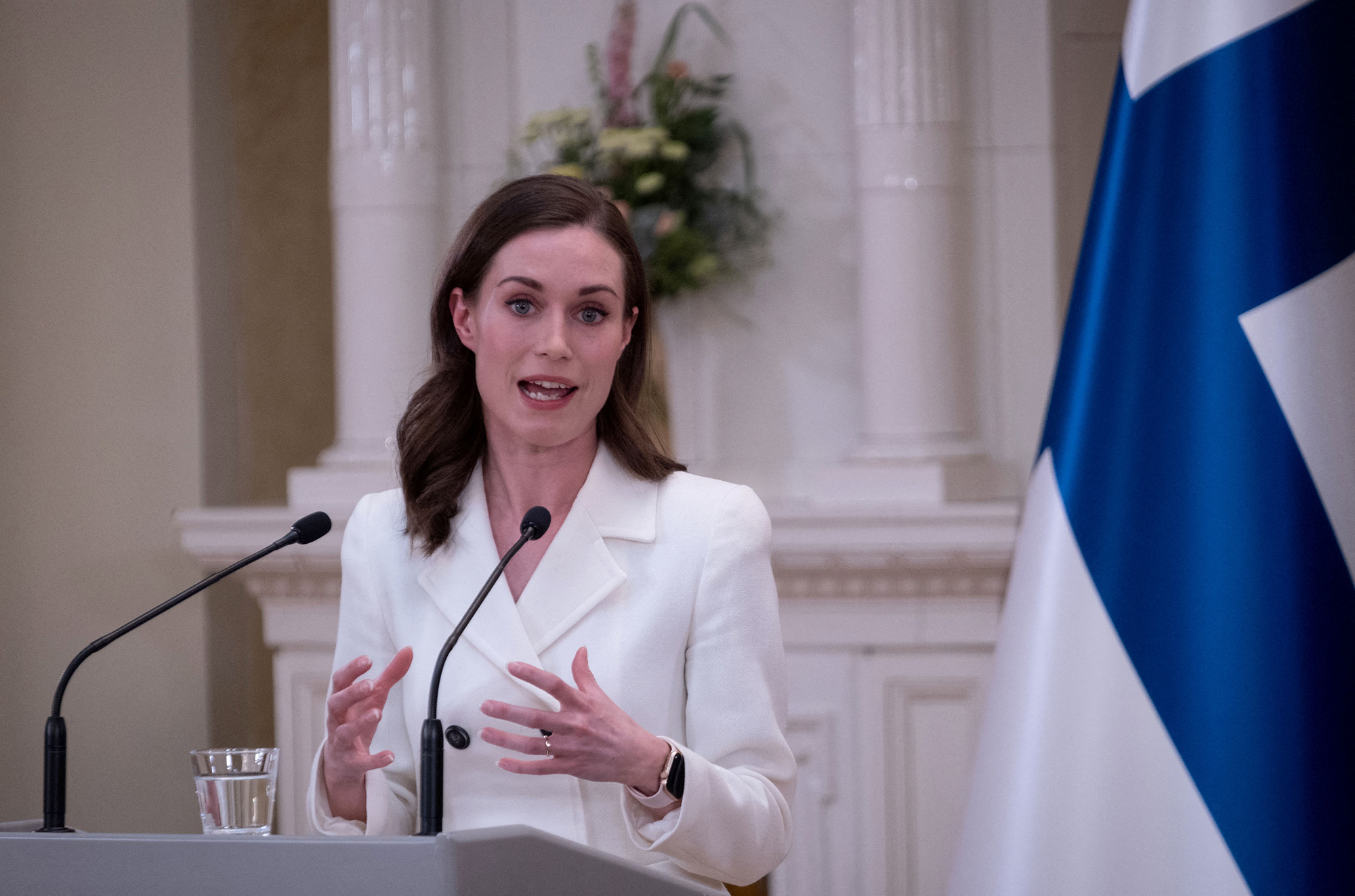 Finland's Prime Minister Sanna Marin gives a news conference to announce that Finland will apply for NATO membership at the Presidential Palace in Helsinki, Finland, on May 15.