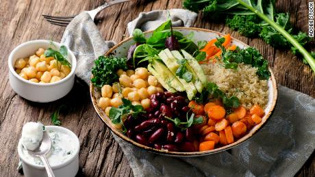 A Buddha bowl with quinoa and chickpeas may be a healthy alternative to ultraprocessed foods.