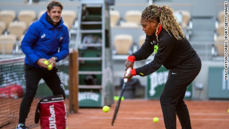 Serena Williams training with coach Patrick Mouratoglou in preparation for the 2020 French Open at Roland Garros on September 26, 2020.