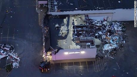 The Michigan State Police Aviation Unit took photographs of the damage inflicted upon a Gaylord Hobby Lobby store when a tornado struck the area Friday afternoon.