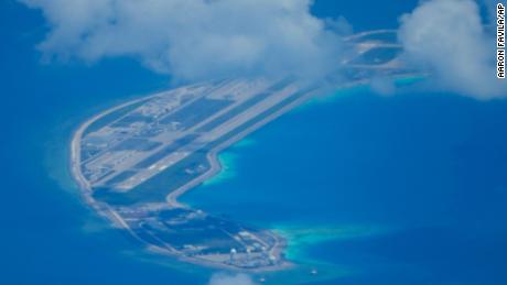 A Chinese airstrip on a man-made island in the South China Sea, seen on March 20.