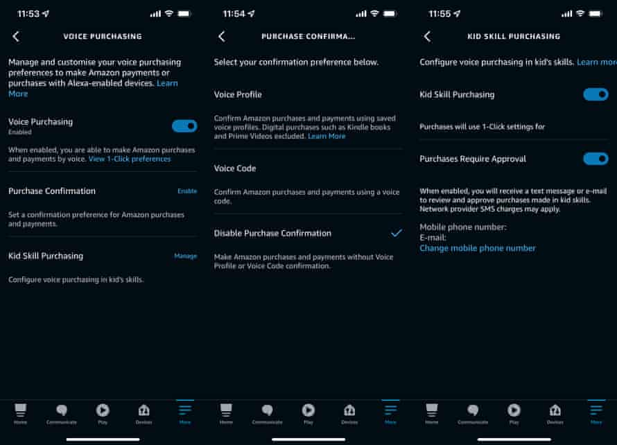 Open the Alexa app and navigate to More > Settings > Account Settings > Voice Purchasing to see all the available options.