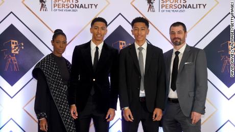 Denise Bellingham (left), Jude Bellingham (second left), Jobe Bellingham (second right) and Mark Bellingham (right) on the red carpet prior to the BBC Sports Personality of the Year Awards 2021.