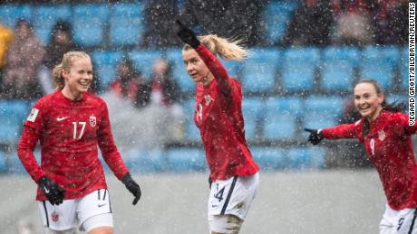 Hegerberg celebrates after scoring the first goal of her hattrick against Kosovo.