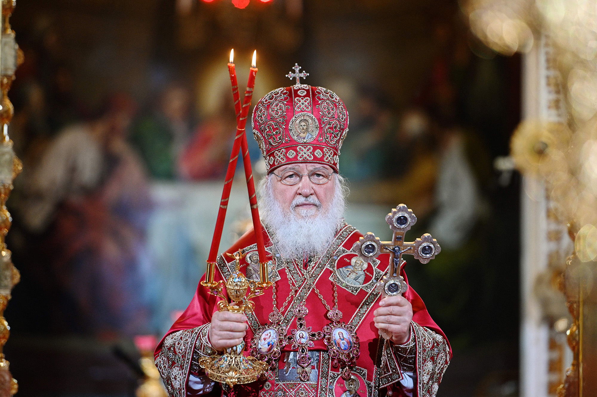 Russian Orthodox Patriarch Kirill celebrates the Easter service in the Christ the Savior Cathedral in Moscow, Russia, on April 19, 2020.