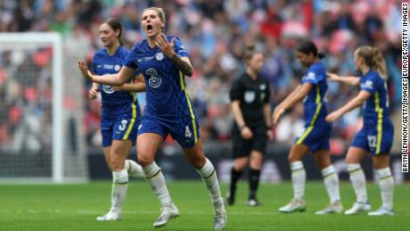 Millie Bright celebrates after Sam Kerr opened the scoring for Chelsea.