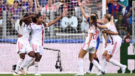 Catarina Macario celebrates after scoring Lyon&#39;s third goal.