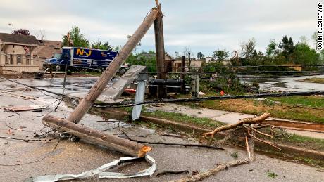 A telephone pole and power lines were downed Friday after a tornado came through the area in Gaylord, Michigan.