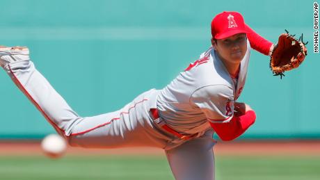 Ohtani pitches during the first inning against the Boston Red Sox.