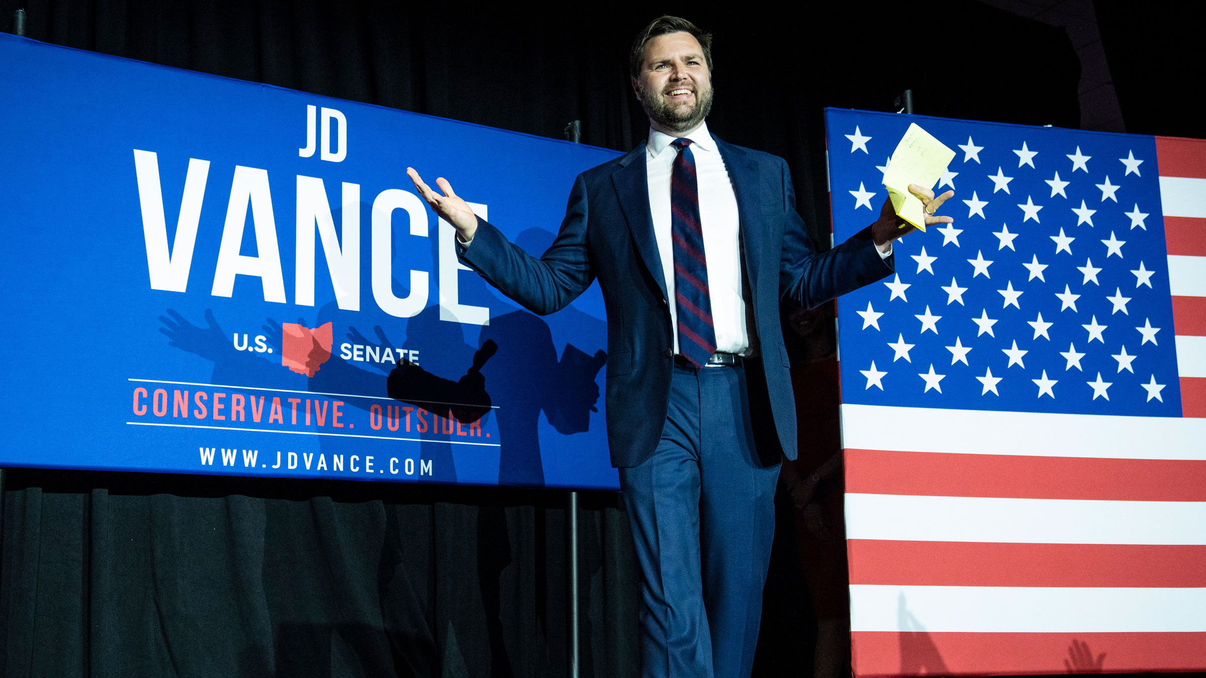 J.D. Vance, a candidate for the US Senate, arrives on stage in Cincinnati after winning the GOP primary in Ohio on May 3.