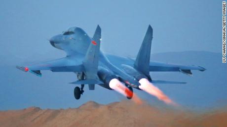 A Chinese air force fighter jet takes off during training exercises in 2017.