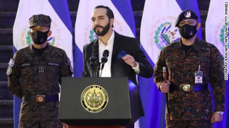 Salvadoran President Nayib Bukele speaks in front of the Salvadoran Armed Forces in San Salvador last July.