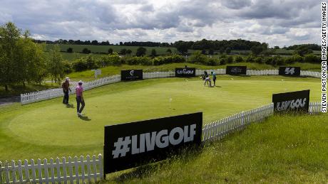 A general view of golfers practicing at the putting green at the Centurion Club ahead of the LIV Golf Series.