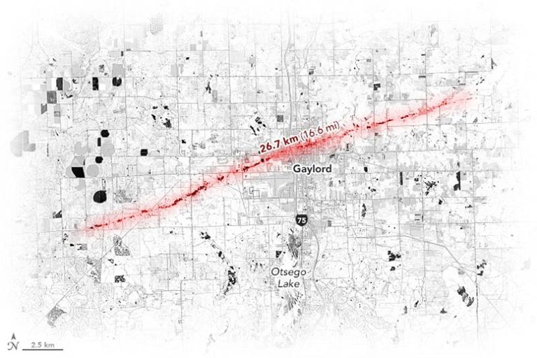 Satellite Imagery Shows 16 Mile Line of Destruction From EF-3 Tornado Ripping Through Gaylord