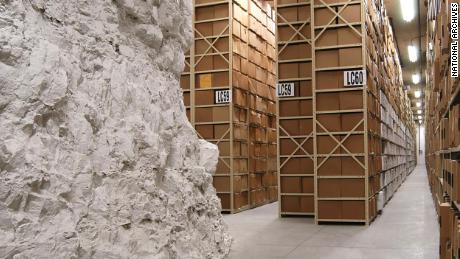 A stack in the Federal Records Center in Lenexa, Kansas, one of three National Archives facilities in caves in the Kansas City area that store immigration records.