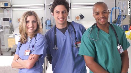 (From left) Sarah Chalke, Zach Braff and Donald Faison star in the television show &quot;Scrubs.&quot; 