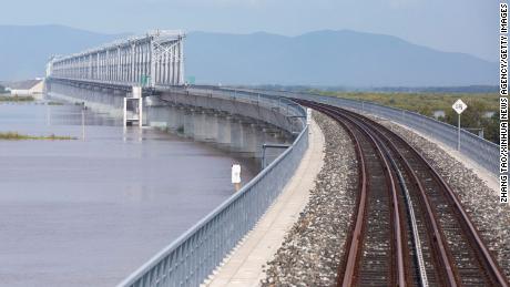 The China-Russia Tongjiang-Nizhneleninskoye cross-border railway bridge during its construction in 2017. 