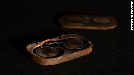 Glasses recovered from the wreck appear in their original case. 