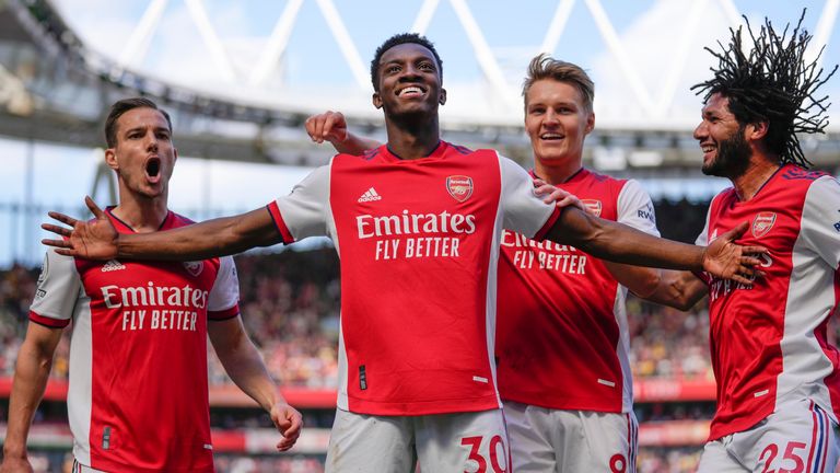 Eddie Nketiah celebrates his second goal of the game against Leeds