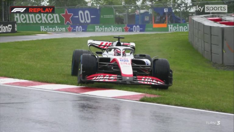 Ferrari's Carlos Sainz and Haas' Kevin Magnussen both took an involuntary trip off road as they get to grips with the wet track conditions in third practice for the Canadian GP.